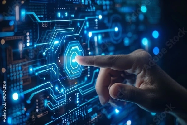 Fototapeta Hand reaching for floating digital security symbol