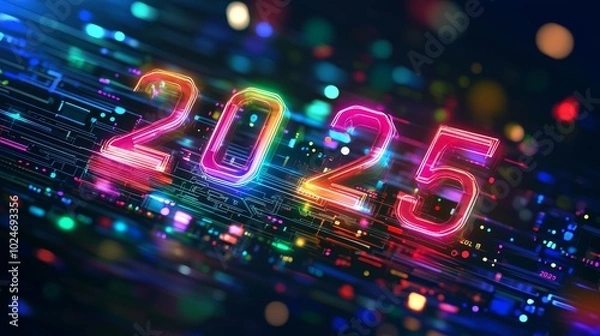 Fototapeta A vibrant digital representation of the year 2025, featuring colorful neon numbers against a backdrop of abstract circuitry.