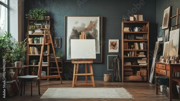Fototapeta The interior of a unique artist workstation features a teak commode, a wooden easel, a bookcase, paintings, decorative items, painting supplies, and classy personal belongings.