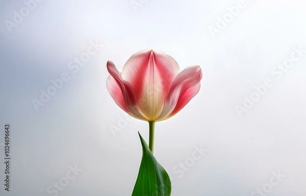 Obraz A single pink and white tulip with a green stem and leaf is in focus against a white background.