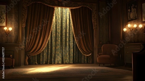 Fototapeta A cozy vintage theater scene featuring soft, warm light streaming through rich, textured curtains, creating a nostalgic atmosphere that evokes memories of classic performances 
