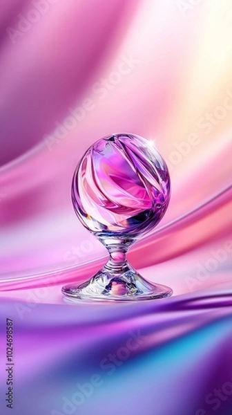 Fototapeta   A macro of a droplet featuring pink and blue waves in the backdrop and pink and purple spirals in the forefront