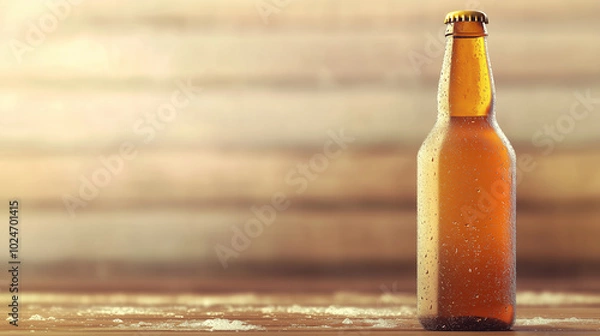 Fototapeta Chilled beer bottle with droplets of condensation forming on the glass surface, ice and cold.
