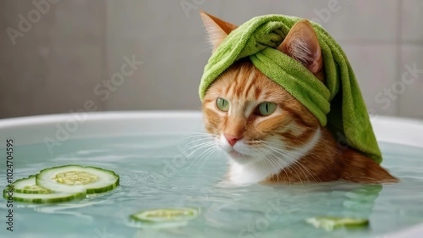 Obraz Ginger cat in green turban taking bath