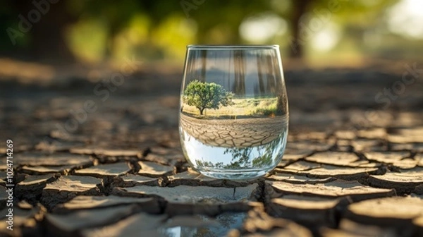 Fototapeta Glass of water placed on dry cracked ground, green tree reflection
Environmental conservation, nature contrast, drought and water resources. defocus