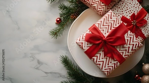Fototapeta Christmas gift boxes wrapped in polka dot and chevron paper, adorned with red ribbons and pine branches, create a bright, cheerful holiday scene with a festive atmosphere.