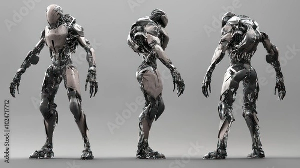 Fototapeta Three Poses of a Futuristic, Metallic Android