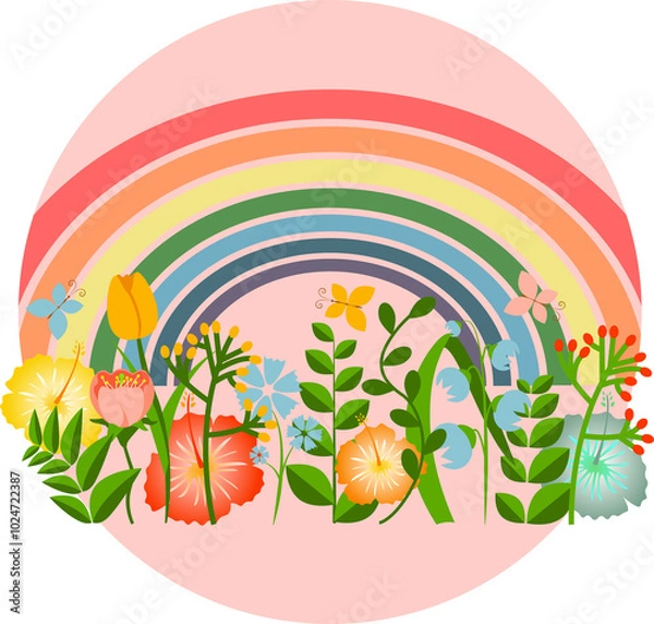 Obraz Cartoon landscape with colorful tropical flowers and rainbow on circle badge