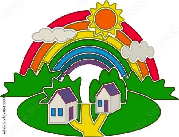 Obraz Sculpted single icon with rural landscape and rainbow over country road among houses