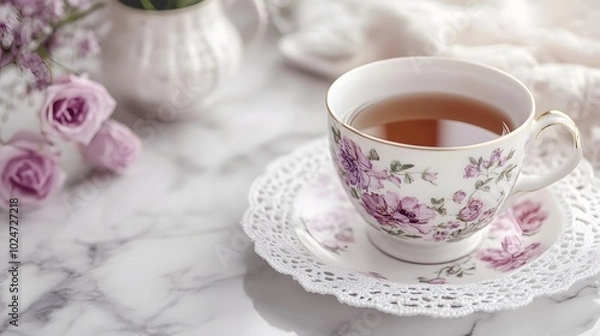 Fototapeta A vintage floral teacup and saucer on a white marble tabletop feature a delicate pink and purple roses pattern, creating an elegant afternoon tea setting with nostalgic charm.