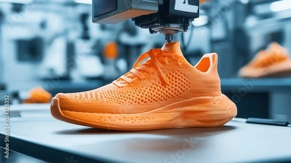 Obraz Orange 3D-printed sneaker on a table in a manufacturing environment with blurred background, showcasing modern footwear technology and innovation in design.