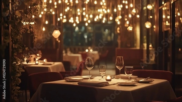 Obraz A Romantic Dinner Table Setting with Candles and Wine Glasses in a Dimly Lit Restaurant