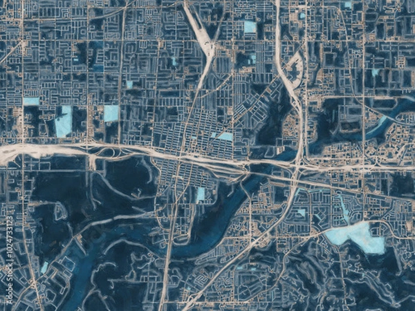 Fototapeta Painterly Style City Map of Colton  California, USA in a Blue Color Scheme.
