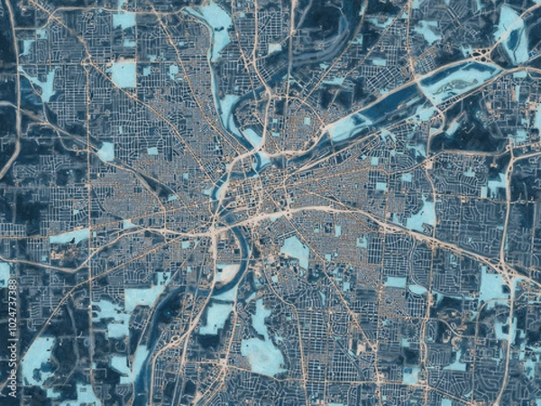Fototapeta Painterly Style City Map of Dayton Ohio, USA in a Blue Color Scheme.