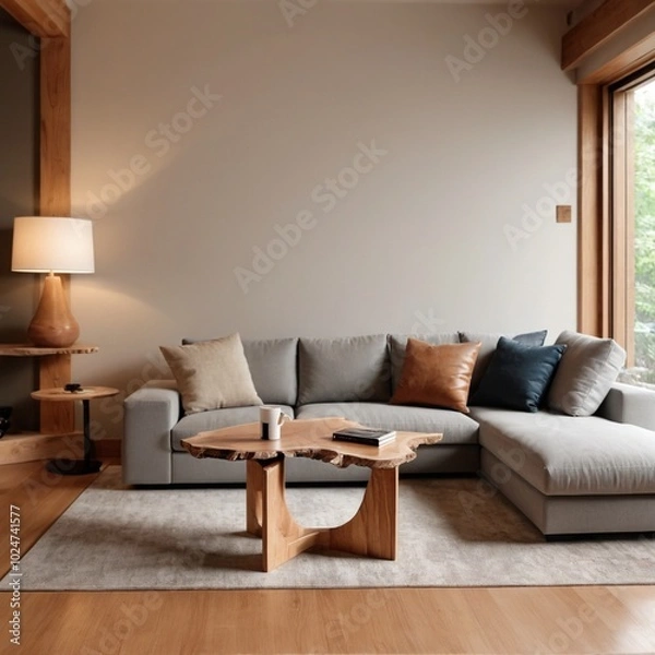 Fototapeta Live edge coffee table near corner sofa. Japandi interior design of modern living room, home.