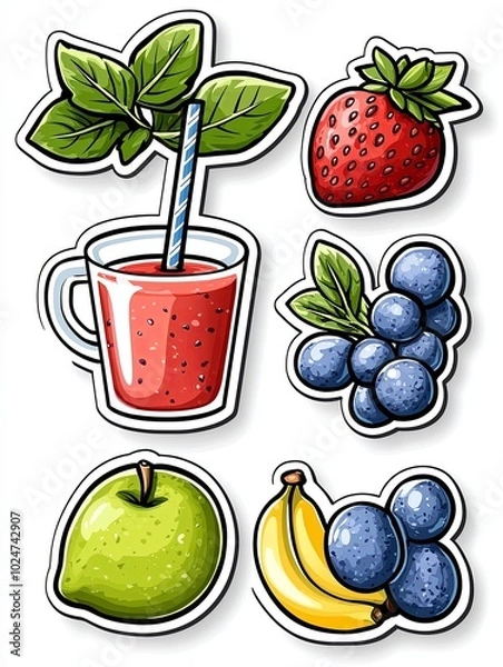 Fototapeta Fresh Fruit and Veggie Stickers in Fun Style