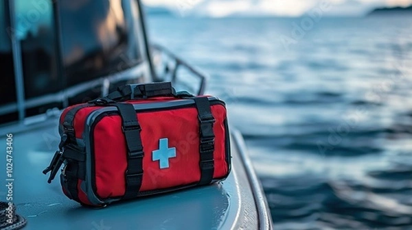 Fototapeta A vibrant red first aid kit rests on a boat's edge, surrounded by calm waters and a scenic backdrop.