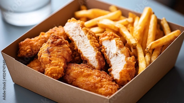 Fototapeta Close-up of crispy fried chicken tenders and golden French fries in a cardboard box on a table.
