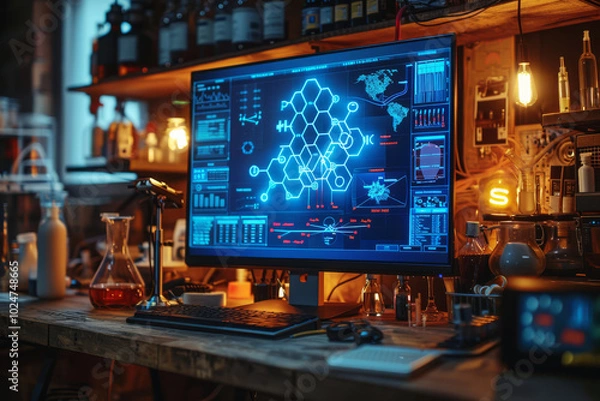 Fototapeta A vibrant molecular structure is displayed on a computer screen in workstation of a scientist , surrounded by glassware and scientific instruments, creating an inspiring research atmosphere
