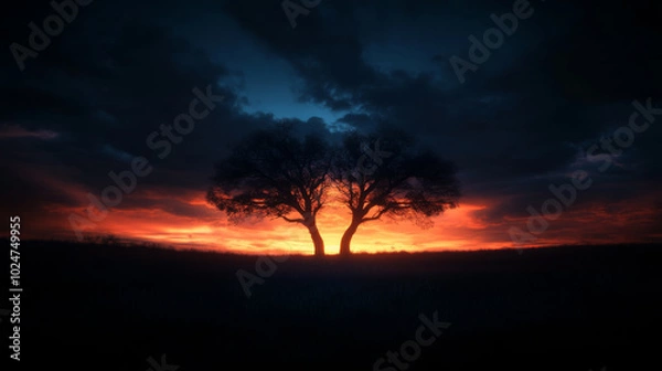 Fototapeta Silhouetted trees against a vibrant sunset in a serene landscape during twilight hours
