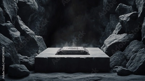 Obraz A mysterious stone pedestal in a dark, rocky cave with an eerie atmosphere. Perfect for fantasy, mystery, and adventure concepts.