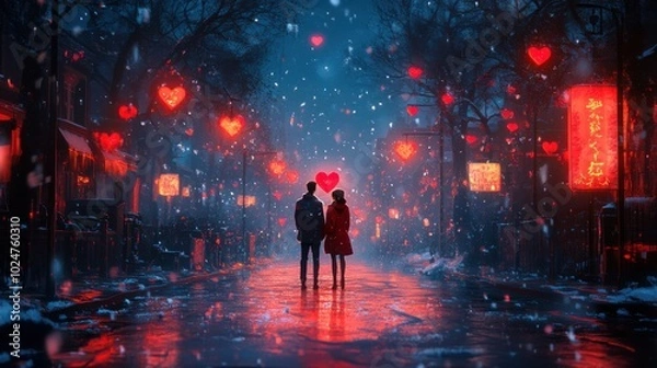 Fototapeta Romantic Couple Walking in Snowy Street with Heart Lights， feelings of love and serenity amidst gentle snowfall.