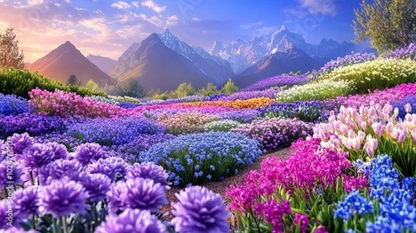 Obraz A stunning landscape of vibrant flowers in full bloom with majestic mountains in the background under a bright sky.