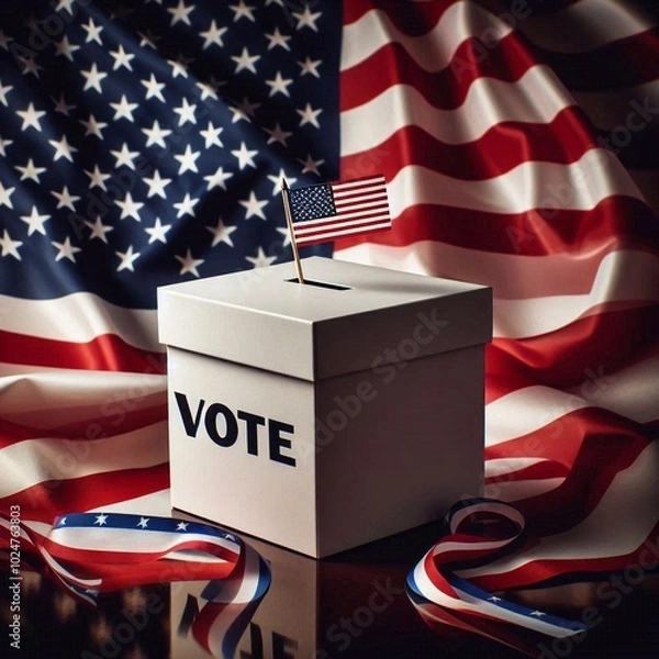 Fototapeta Patriotic voting: a ballot box placed in front of the American flag, symbolizing civic duty