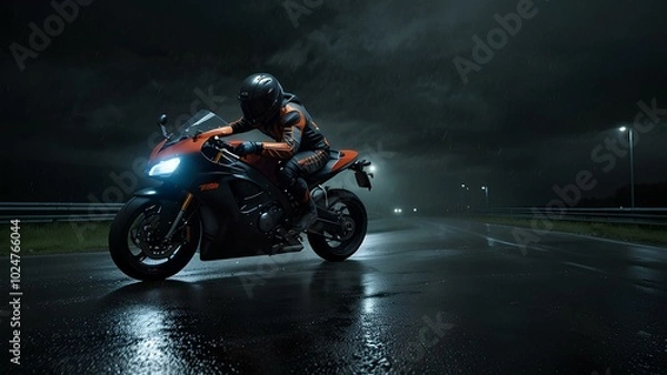 Fototapeta High-Speed Motorcycle Racing Down a Rain-Soaked Road at Night