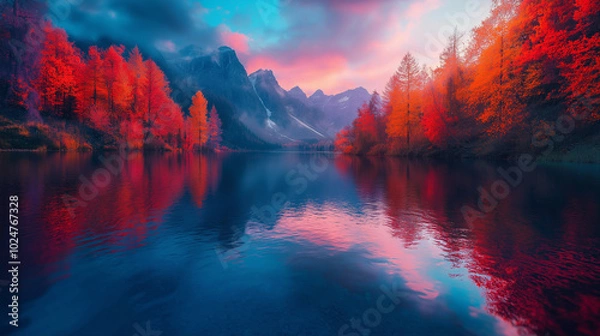 Fototapeta Serene reflections of fiery foliage dance on the glassy surface of the lake, a tranquil scene under a sky ablaze with color.
