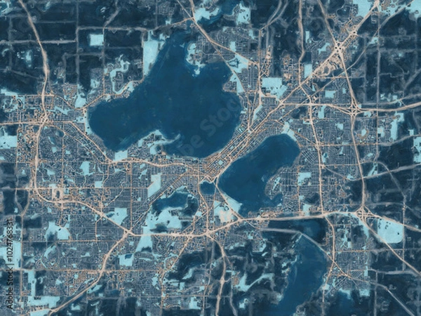 Fototapeta Painterly Style City Map of Madison Wisconsin, USA in a Blue Color Scheme.
