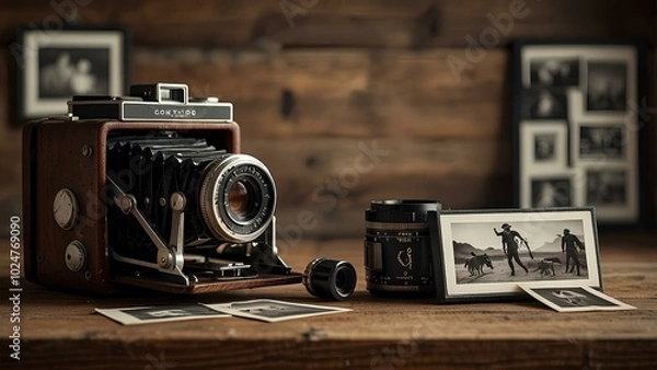 Obraz Vintage Camera with Film Rolls on a Wooden Desk – Timeless Photography Setup