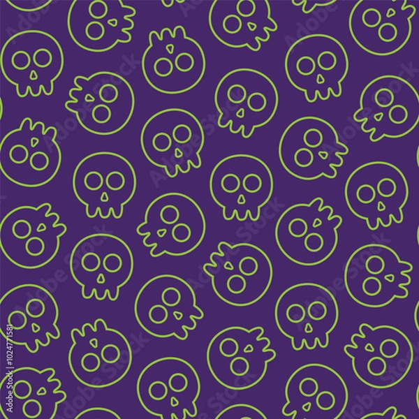 Fototapeta seamless pattern of a skull head with a green outline style on a purple background, suitable for designing textiles, clothes, fabric, fashion, wrapping paper and others