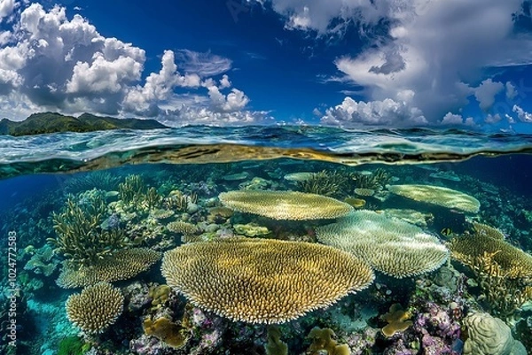 Fototapeta A split-level view of a vibrant coral reef with a blue sky above.