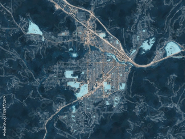 Fototapeta Painterly Style City Map of Missoula Montana, USA in a Blue Color Scheme.