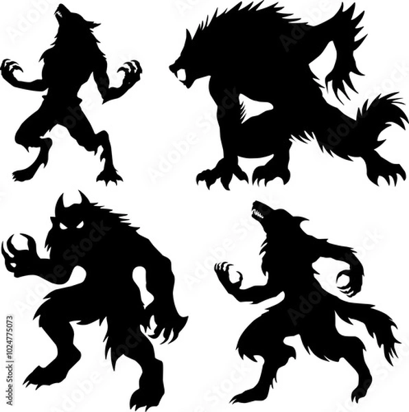 Fototapeta The image features four striking silhouettes of werewolf-like creatures. Each figure exhibits distinct poses, showcasing muscular forms and fierce postures, embodying traits of strength and ferocity.