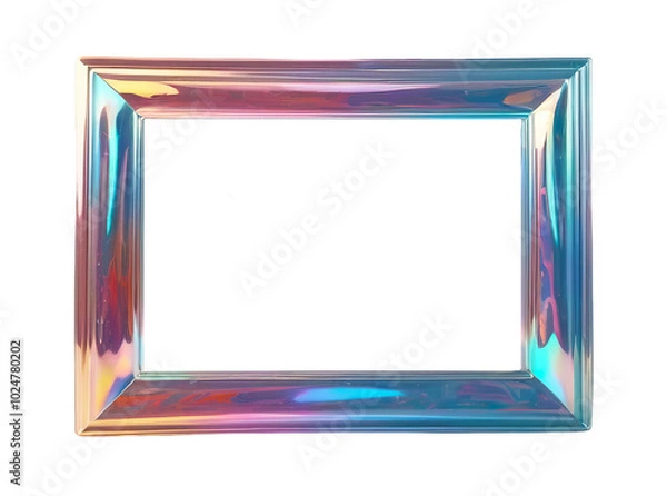 Fototapeta 3D chrome element in Y2K style, isolated background, liquid holographic metal. Frame with a blue, purple, and pink border made of a shiny material.
