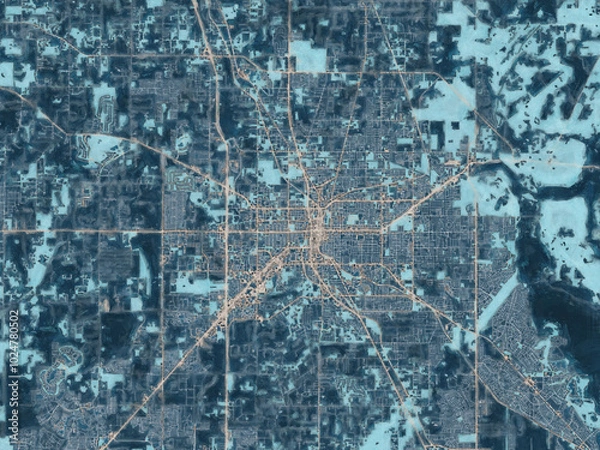 Fototapeta Painterly Style City Map of Ocala  Florida, USA in a Blue Color Scheme.