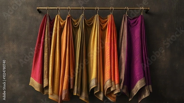 Fototapeta Multicolored dhotis with golden detailing, hanging gracefully on sleek hangers, simple backdrop for a timeless look.