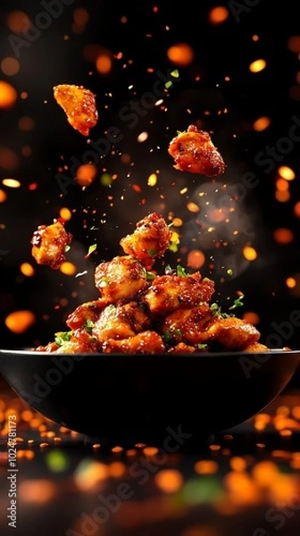 Fototapeta Spicy chicken 65 with crispy, deepfried chicken pieces tossed in a fiery red masala