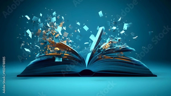 Fototapeta An open book bursting with colorful fragments, symbolizing creativity.