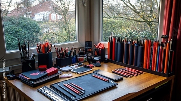 Fototapeta A wooden desk with a window view, organized with drawing tools and supplies.