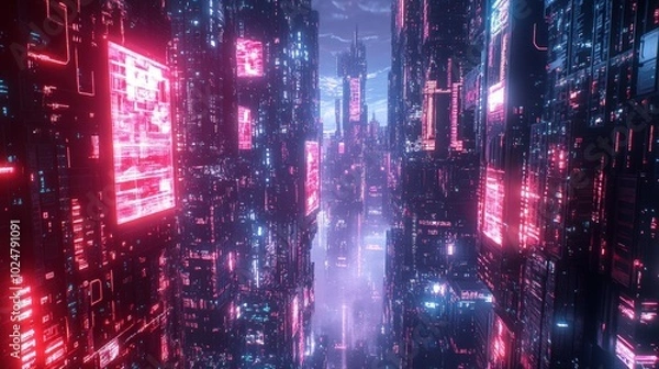 Fototapeta A futuristic city with glowing neon signs and intricate structures.