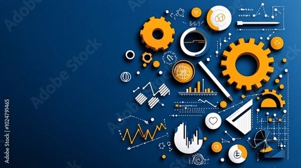Fototapeta Abstract business background with gears, charts, and data elements.