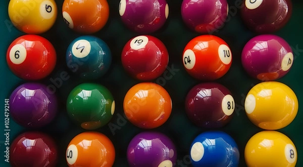 Fototapeta Top view of colorful billiard balls arranged in a grid pattern