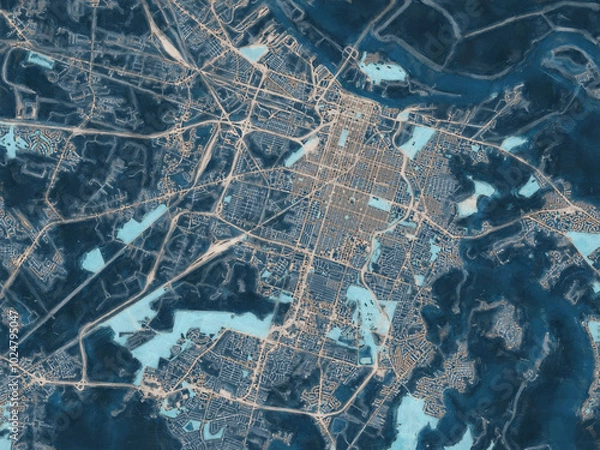 Fototapeta Painterly Style City Map of Savannah Georgia, USA in a Blue Color Scheme.