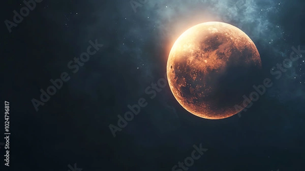 Fototapeta A blood red moon in the night sky, surrounded by clouds and stars.