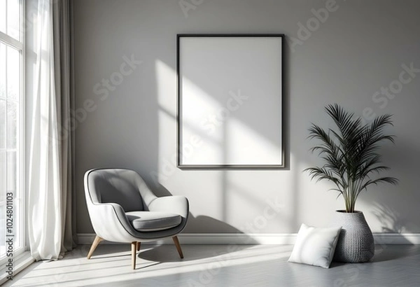 Fototapeta Boho Scandinavian Living Room with Accent Chair and Large Frame on Grey Wall
