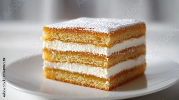 Fototapeta A square slice of traditional Russian Medovik honey cake with creamy sour cream, placed on a white plate, isolated against a bright background, highlighting the cake's delicate layers.