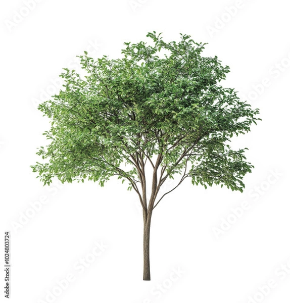 Fototapeta A large green tree with a thick trunk stands alone against a minimalistic background